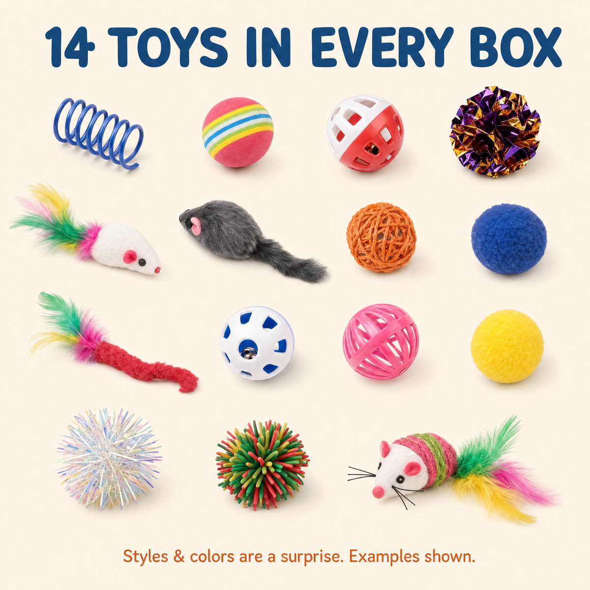 Assorted cat toys from the Wingman mystery toy box
